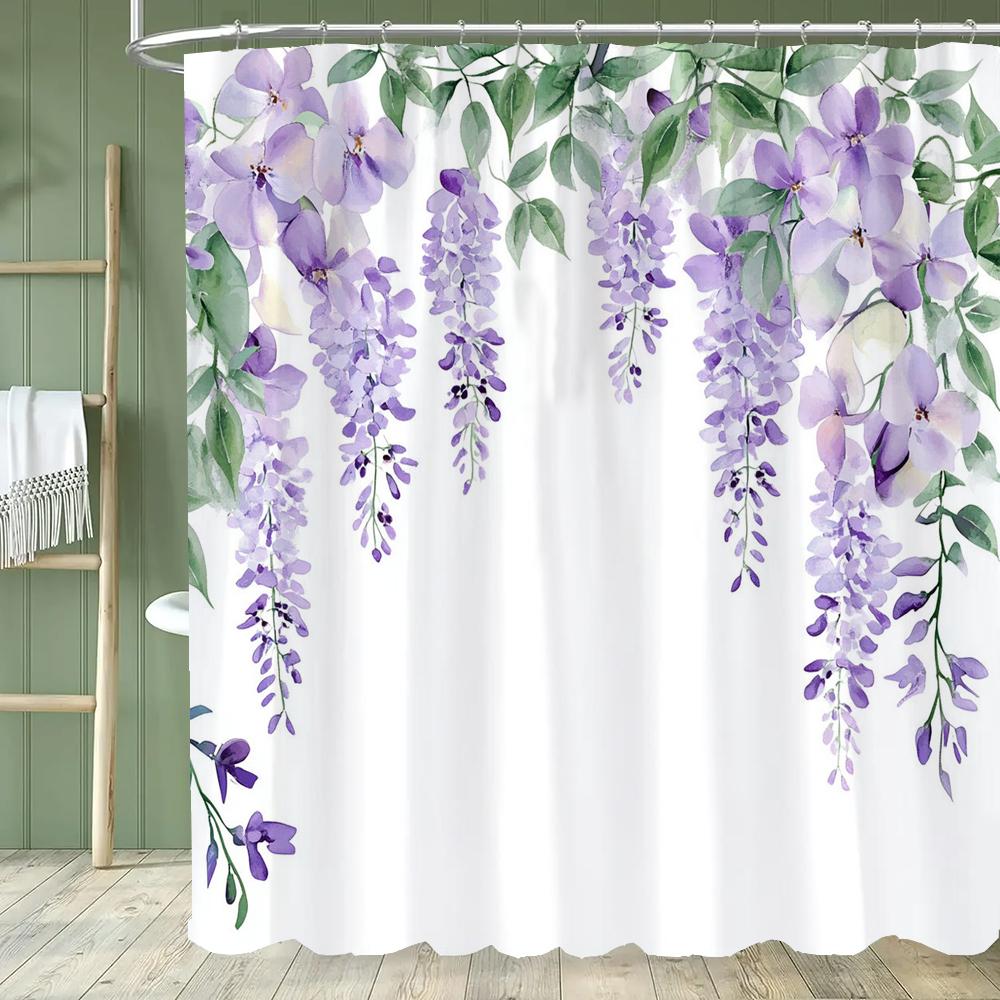 1pc Plant Purple Floral Shower Curtain, Bathroom Decorative Shower Curtain, Printed Polyester Fabric Shower Curtain with Hooks