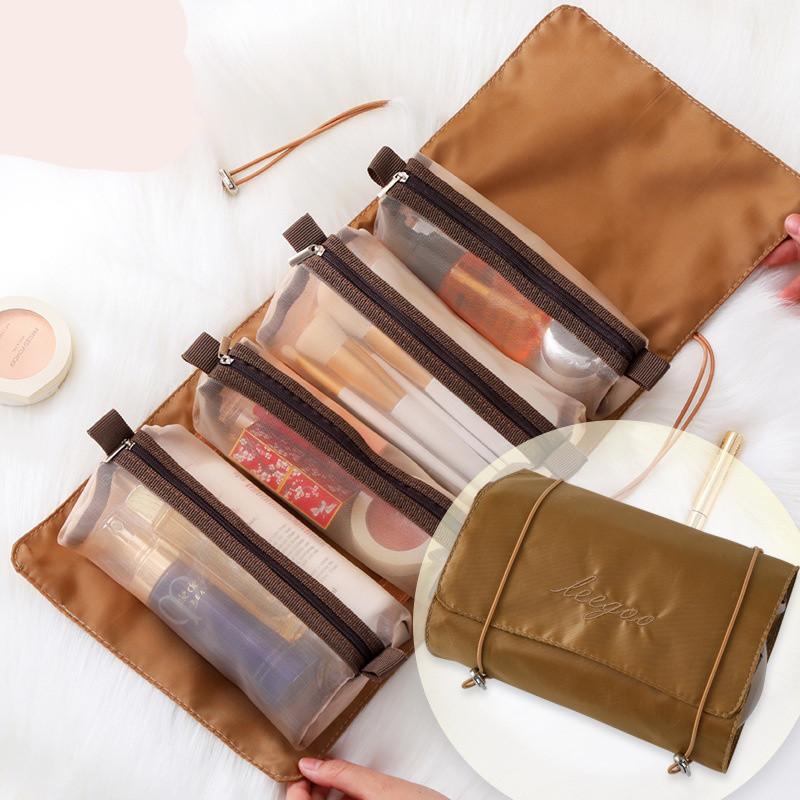 1PC 4 IN 1 Pink Detachable Makeup Bag Multifunction Minimalist Travel Women's Foldable Travel Cosmetic Storage Bag Washing Bag