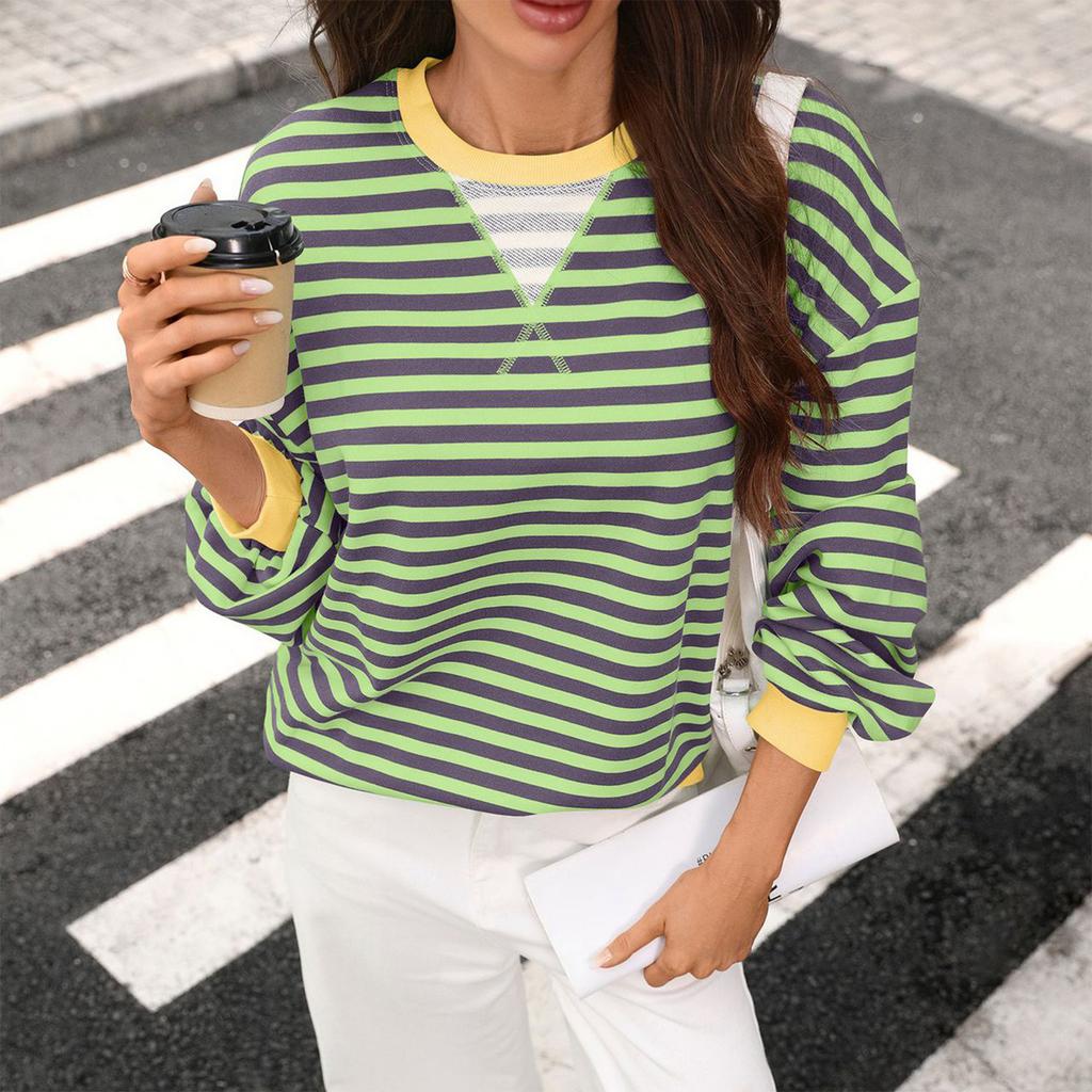 Women Casual Loose Fit Long Sleeve Striped Pullover Sweatshirt Crew Neck Lightweight Comfortable Top for Everyday Wear