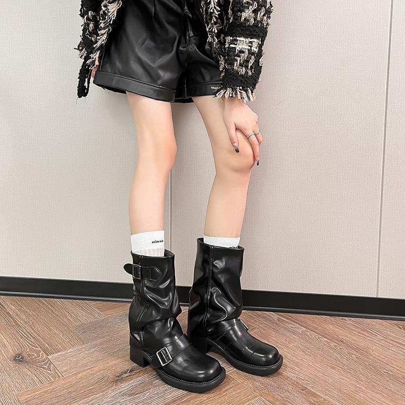 Round head wide tube thick heel medium tube boots women's autumn and winter new retro belt buckle western boots pleated short boots women's knight boo