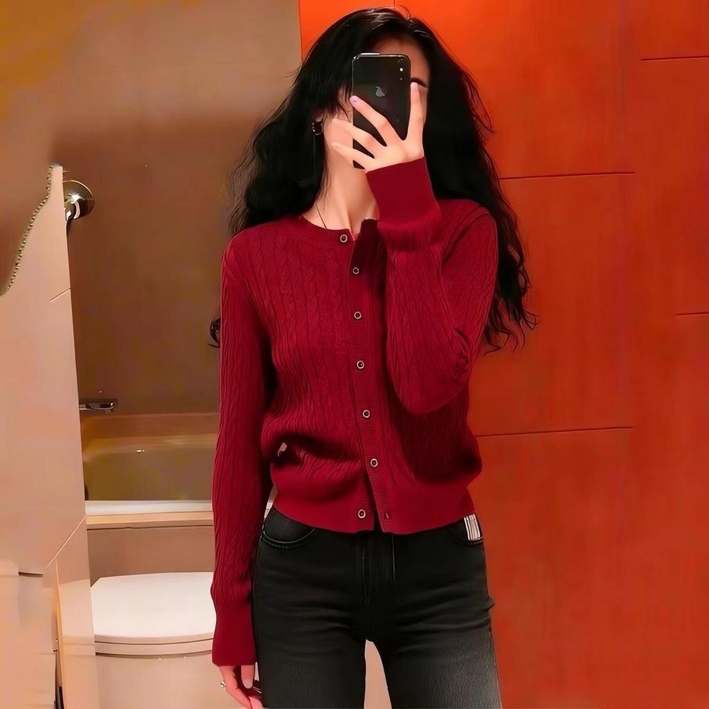 Women's Knitted Cable Cardigan: Solid Color, Round Neck, Versatile Casual Top for Autumn/Winter