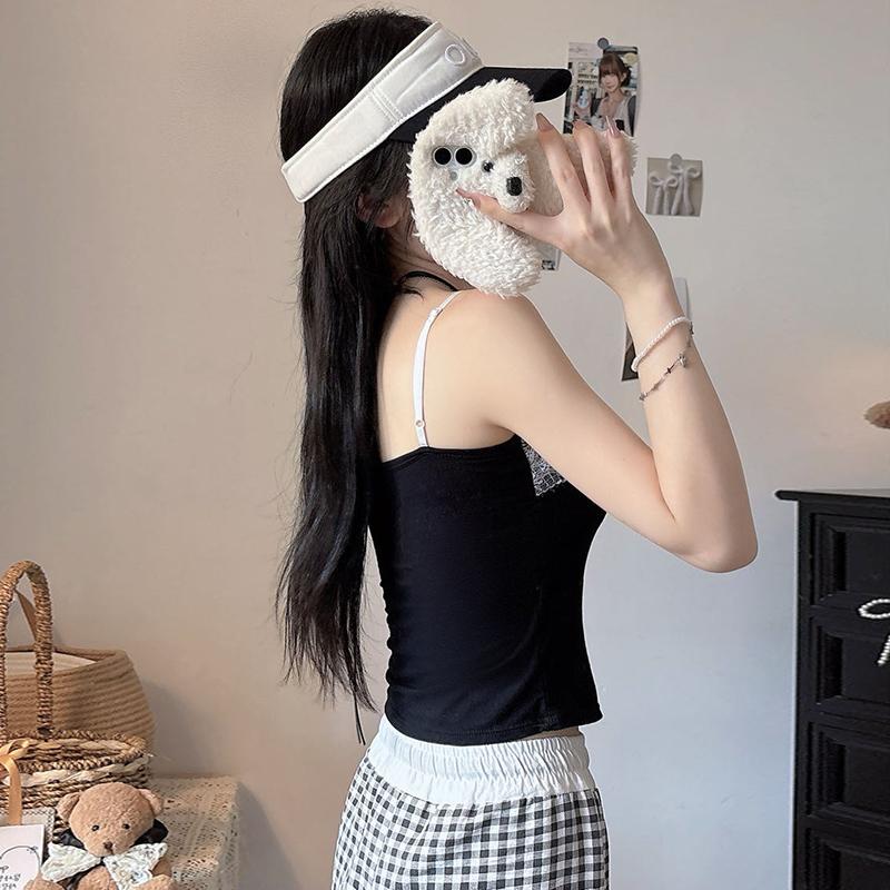 Summer Women'S Sweet Sexy Bow Lace Patchwork Sleeveless Slim Camisole With Chest Pad