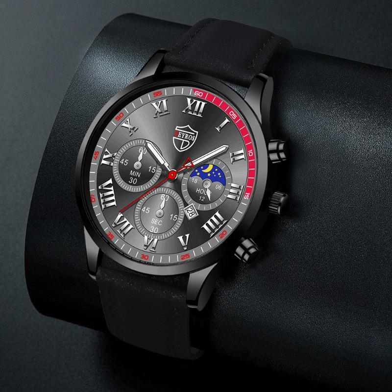 2PCS Set DEYROS Fashion Student Watch Business Men leather Strap Calendar Watch New Men Quartz Watch&Bracelet Men Gift