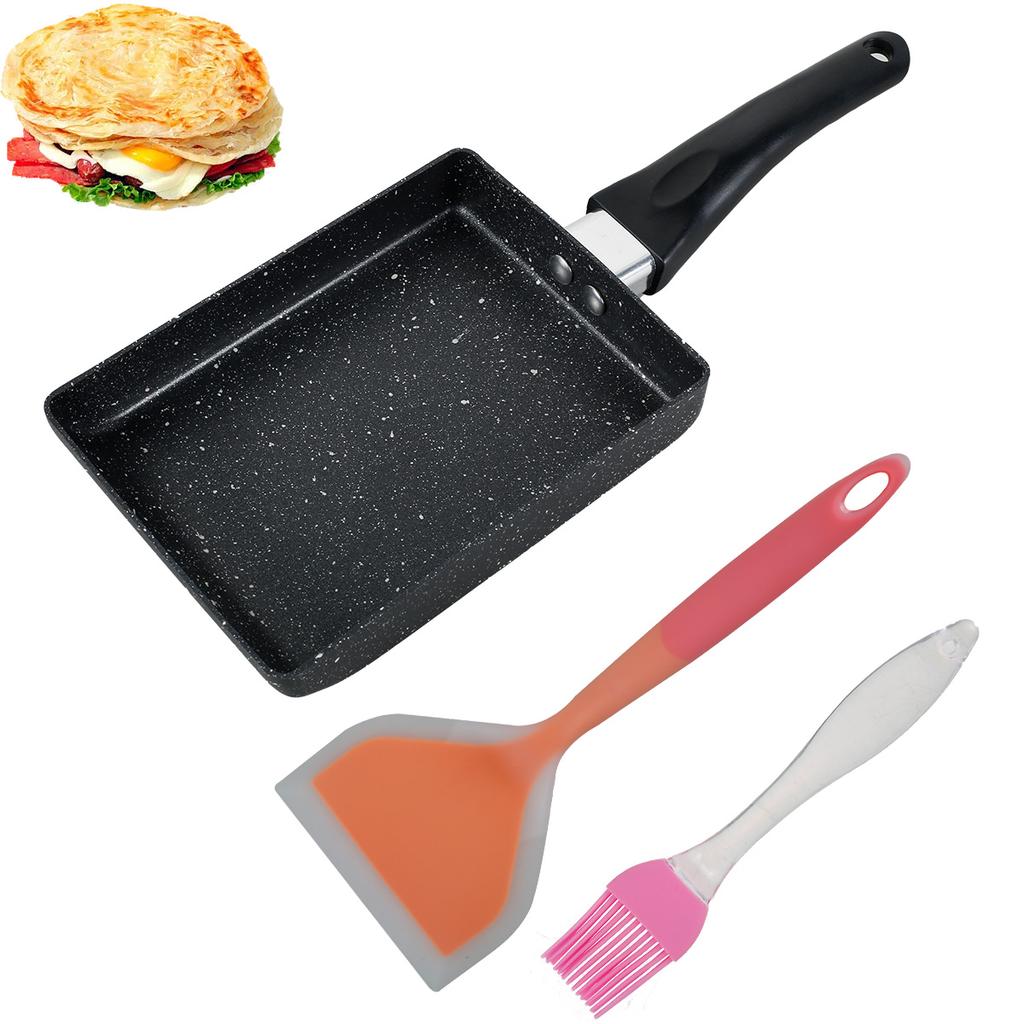 3 Pièces Poêle Tamagoyaki avec Spatule en Silicone et Pinceau à Huile 7,3×5,3 Pouces Antiadhésive Poêle à Omelette Japonaise Poêles à Frire Rectangulaires Premium