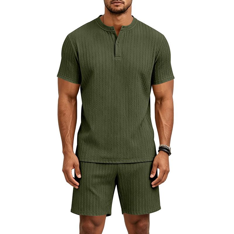 Summer Retro Men's Loose Knit Henley Shirt & Shorts Set