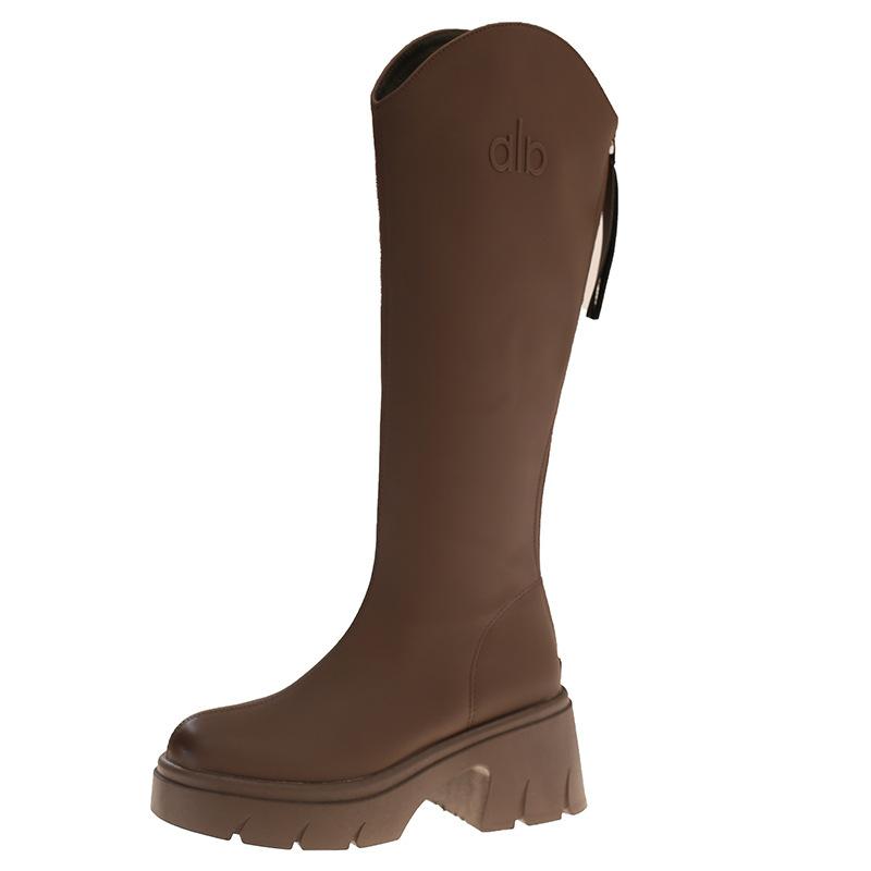 Leather Brown Back Zipper Boots Women's Small Thick-soled Height Boots Knee-high Boots Coarse Heel Knight Boots