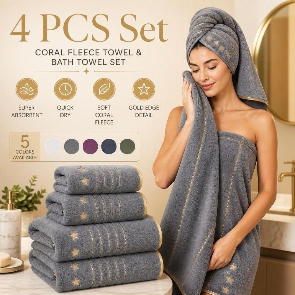 4pcs Absorbent Star Embroidered Towel Set Quick Dry Bath Linen Set Super Hand Towel Set Travel