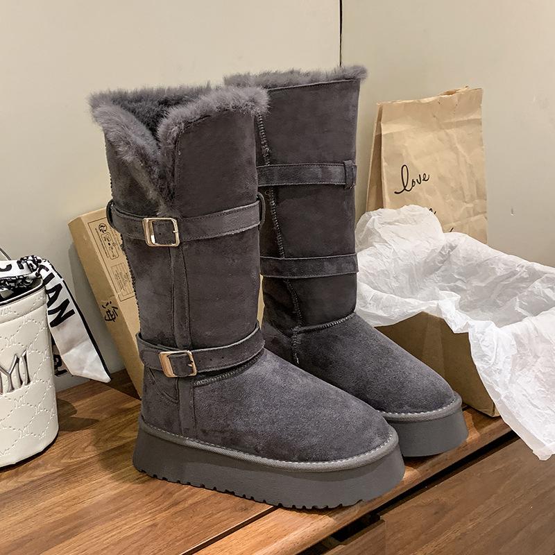 Long Snow Boots Women's Winter New Fluffy Plush Thickened Warm Outer Thick-soled Cotton Boots