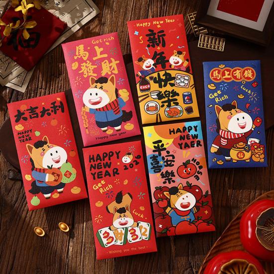 6 ks červených obálek pro čínský Nový rok 2026 Rok koně Balíčky s penězi pro štěstí Červené Hong Bao pro Jarní festival Lunární Nový rok