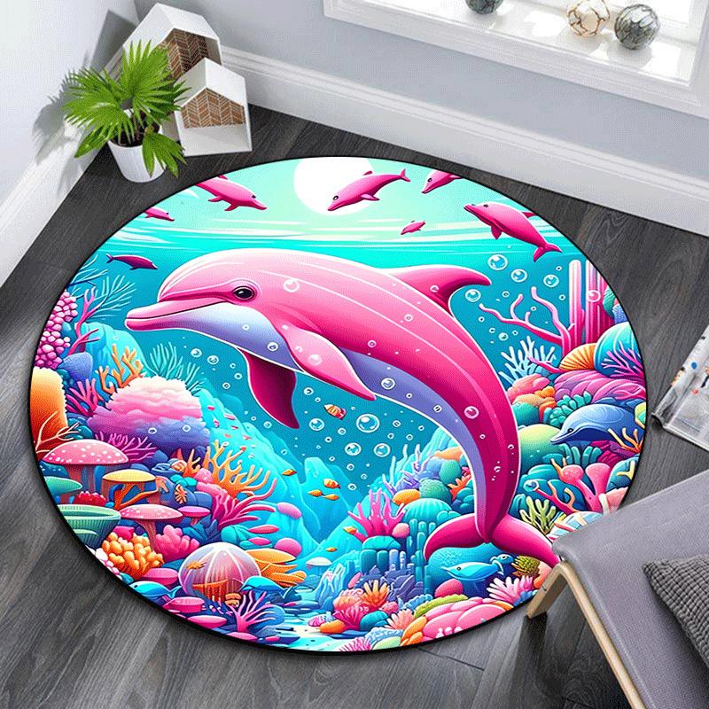 

1pc Soft, Absorbent & Non Slip Pink dolphin in the ocean Round Rug Soft Circle Rug for Living Room & Bedroom Decor, Chair Mats, and Unforget 80cm by 80cm