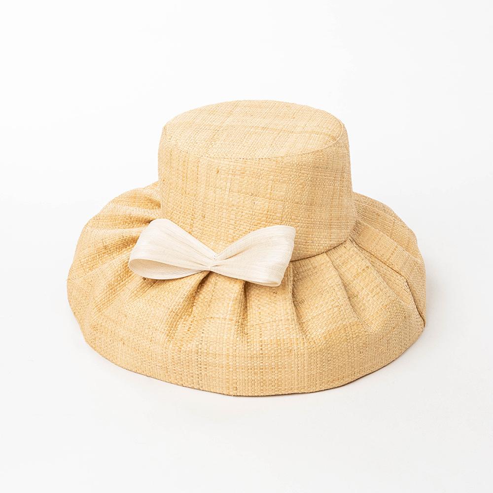 European American Retro Hepburn Style High Quality Raffia Fabric Wide Brim Bow Top Hat Fedora Catwalk Fashion Dinner Beach Hat