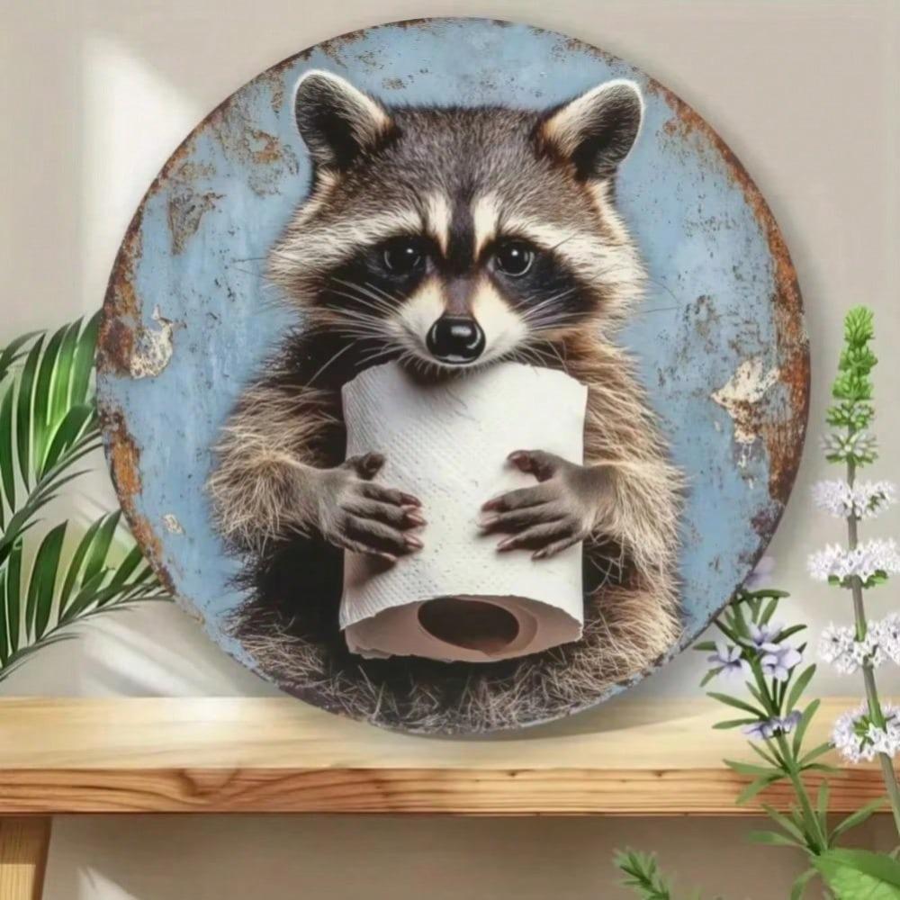Plaque Métallique Rigolote de Raton Laveur Art Mural Rond Coupe-Vent Étanche Décoration d'Intérieur Halloween