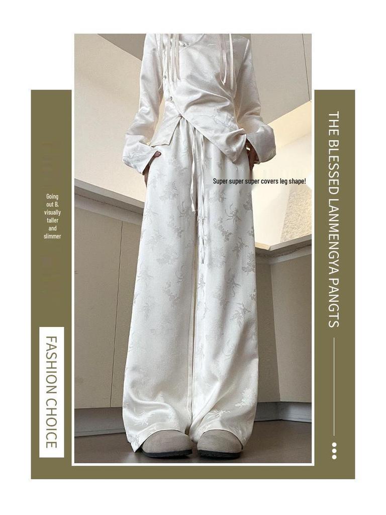 New Chinese Style Women's Jacquard Satin Wide Leg Pants - Spring Collection