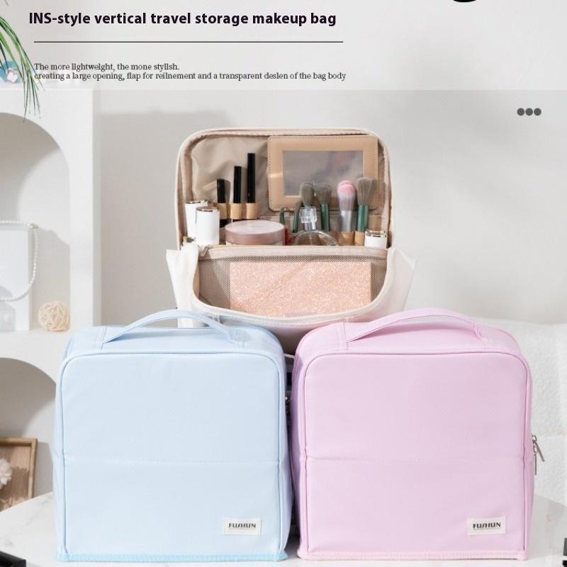 Hanging Makeup Case with Mirror, Large Capacity Travel Toiletry Bag, Trunk Organizer with Stand-Up Base & Brush Holder