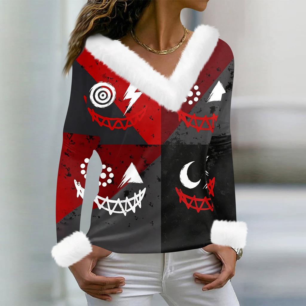 Women's Casual Long Sleeve V-Neck Halloween Print Top with Collar for Fall
