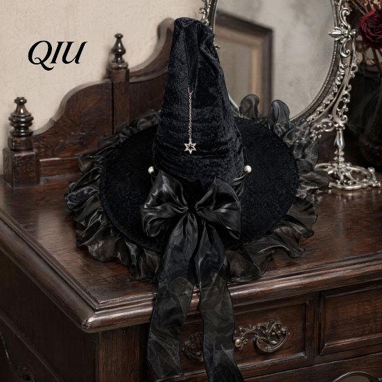 Pointed Witch Hat Halloween for Women, Velvet Wizard with Ruffle Costume Accessory Brim And Bow Party, Masquerade, Cosplay