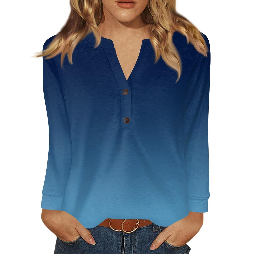Damen T-Shirt Print Knopf Langarm Täglich Wochenende Mode Basic V-Ausschnitt Regulär Oberteil