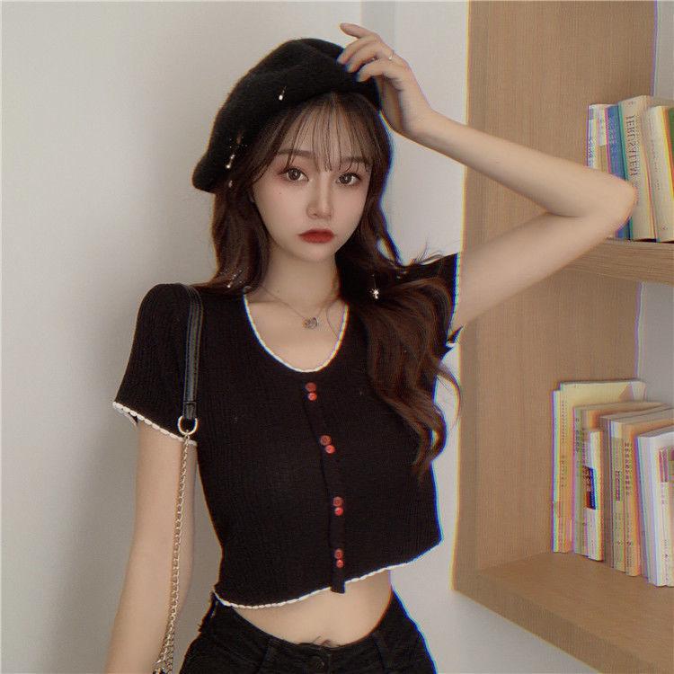 Damski top dzianinowy z lodowego jedwabiu z dekoltem w serek 2025 Slim Fit - Letni z krótkim rękawem, z wysokim stanem