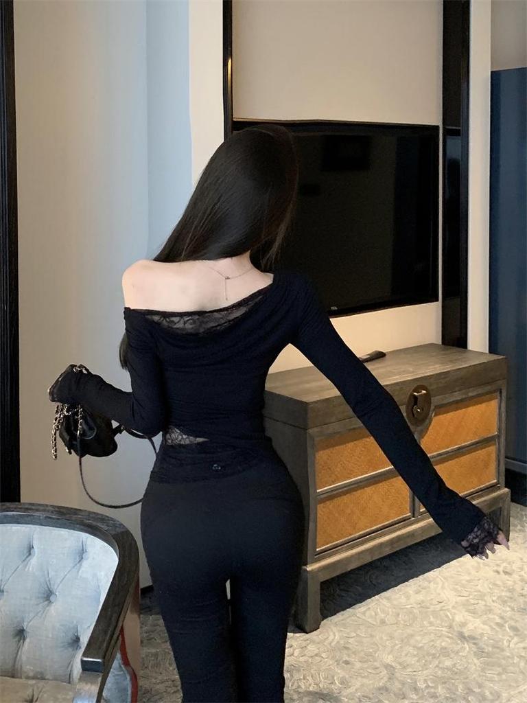 Pure & Sexy Lace Patchwork Slimming Long Sleeve Women's Top