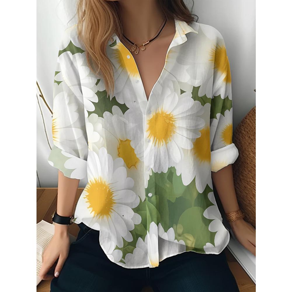 Women's long-sleeved shirt full of white daisies, embellished with yellow stamens, green leaf substrate, fresh and elegant pattern