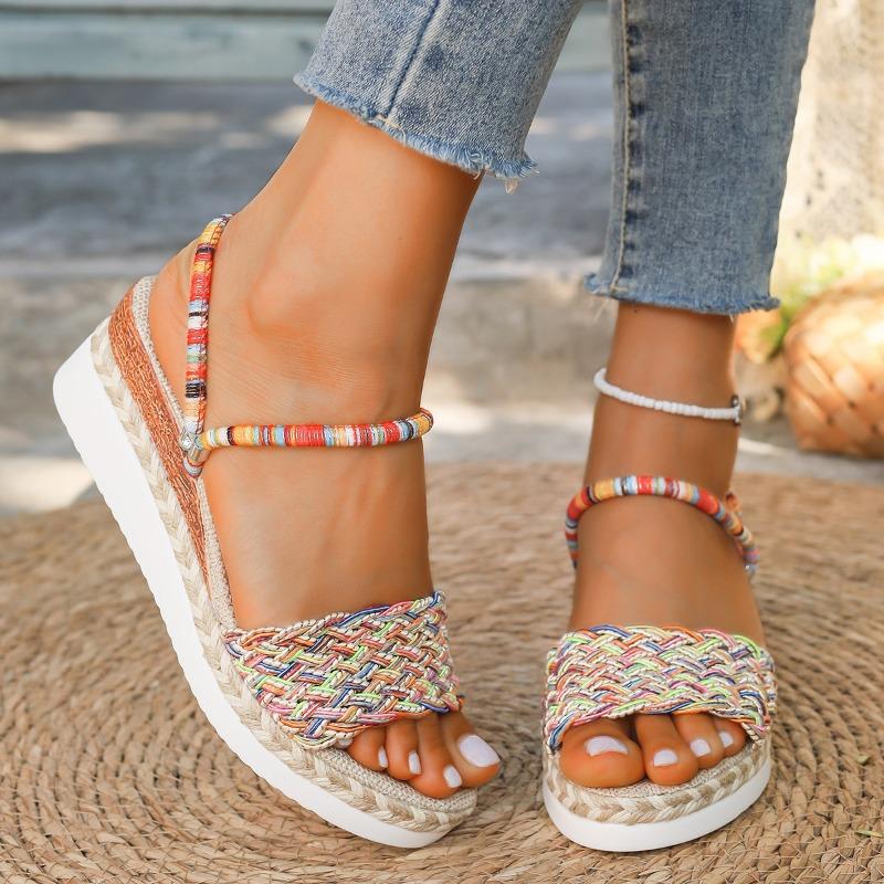 Summer new sandals wear large size casual two wear hemp rope woven wedge heel colored sandals women