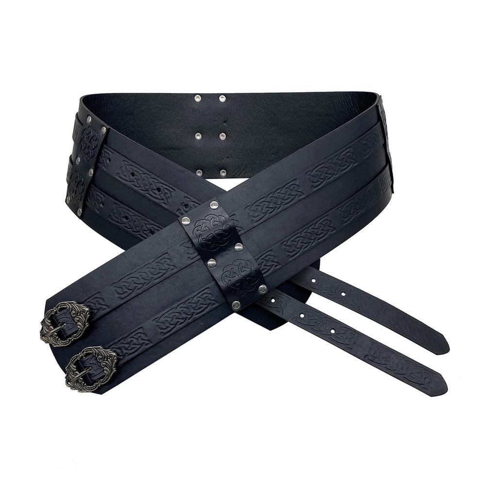 Embossed PU Leather Belt Renassance Medieval Buckle Belt Viking Wide Belt Norse Cosplay Belt Halloween Men Costume