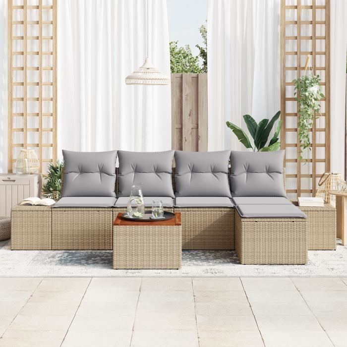 VidaXL Canapé de jardin 6 pièces avec coussins Beige Poly Rattan Acacia 3347945