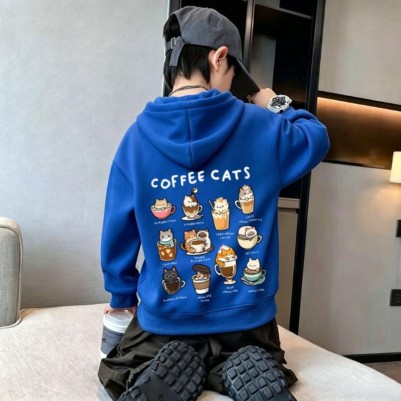 Y2K Kids Hoodie Sweatshirt Autumn Winter Cute Cartoon Coffee Cats Graphic Print Casual Loose Long Sleeve Tops