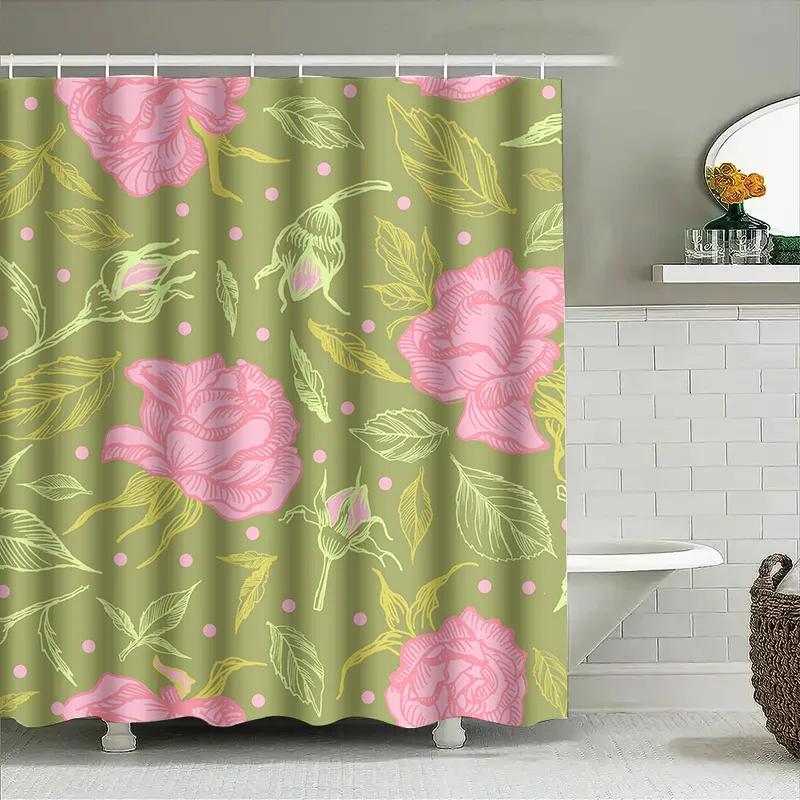 Vintage Floral Shower Curtainpink Peonies Green Leaves Olive Green Bath Mat Decor For Home Bathroom Decoration