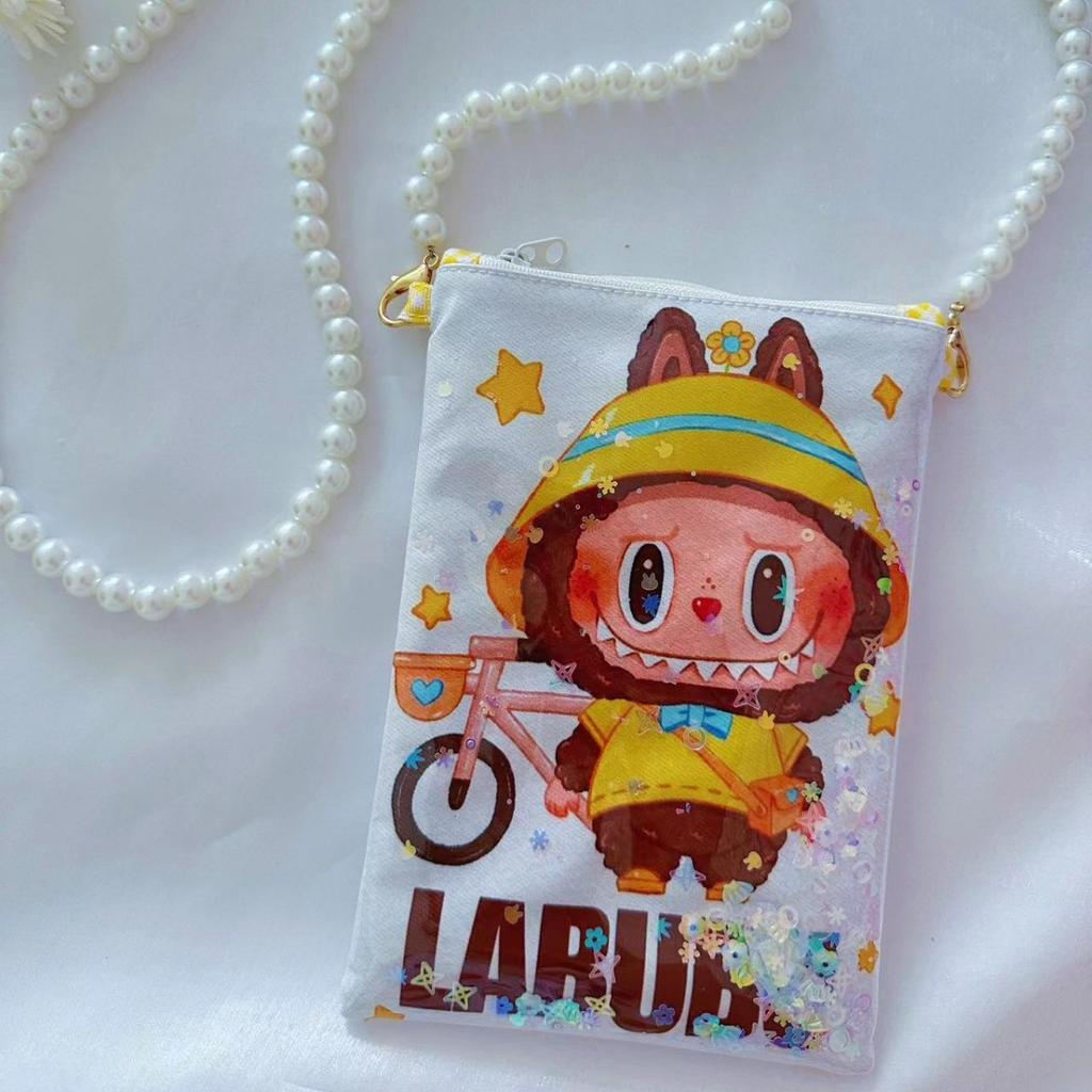 Labubu cartoon print quicksand mobile phone bag coin purse key bag zipper storage crossbody bag KTY