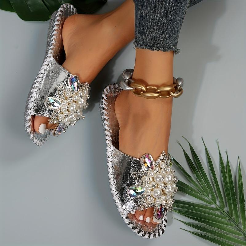 [Hand Stitched | Fashion] Floral Rhinestone Pearl Women's Hand Stitched Slipper | Fashion Cool Open Toe | For Outdoor