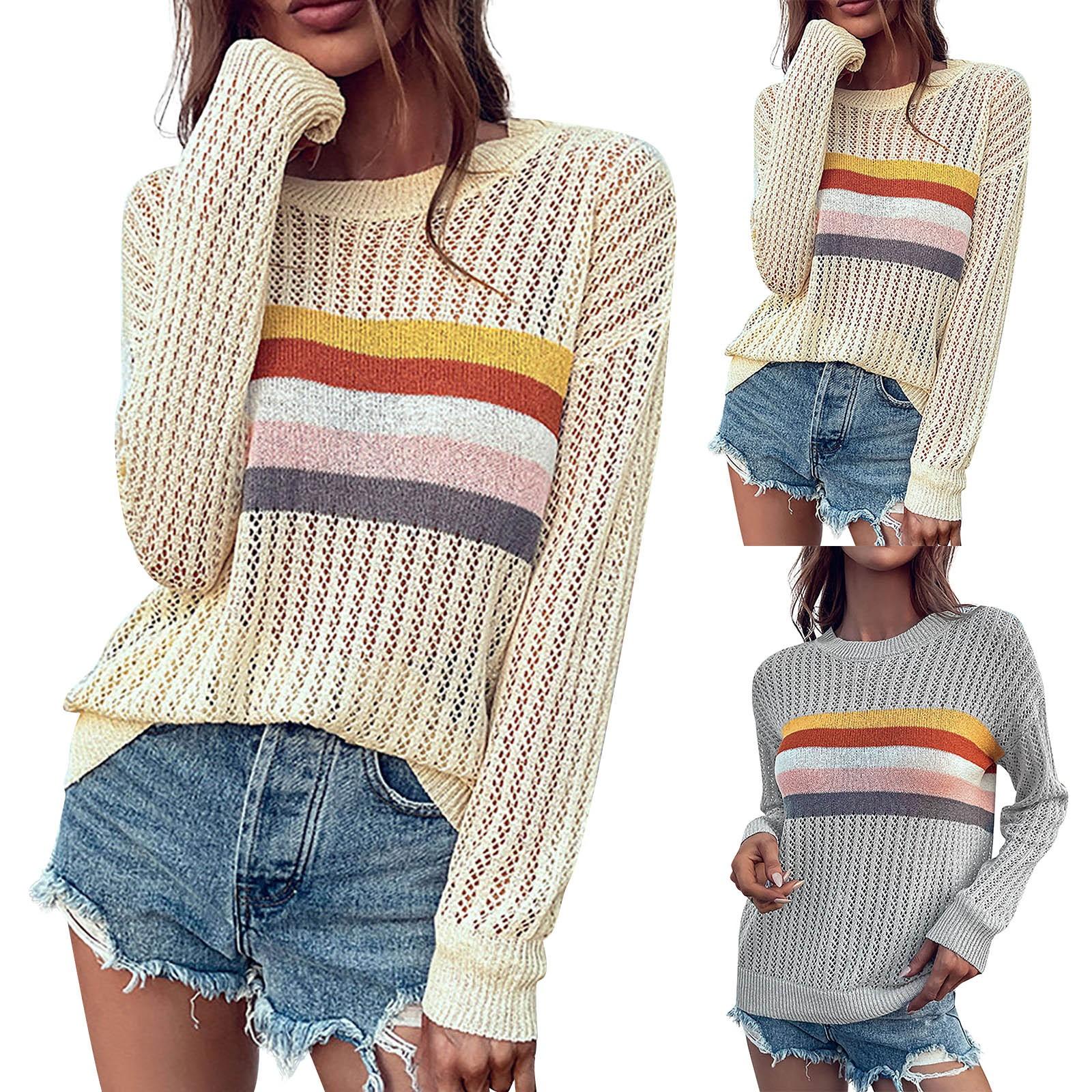 

Women s Autumn Hollow Rainbow Striped Long Sleeve Pullover Women s Knitted Sweater