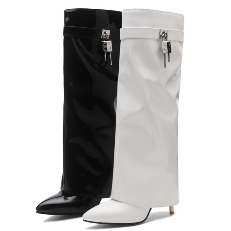 Turned-over Edge Knee High Boots Women Shoes Sexy Key High Heels White Black Western Boot Female 2024 New Trends Party Shoes