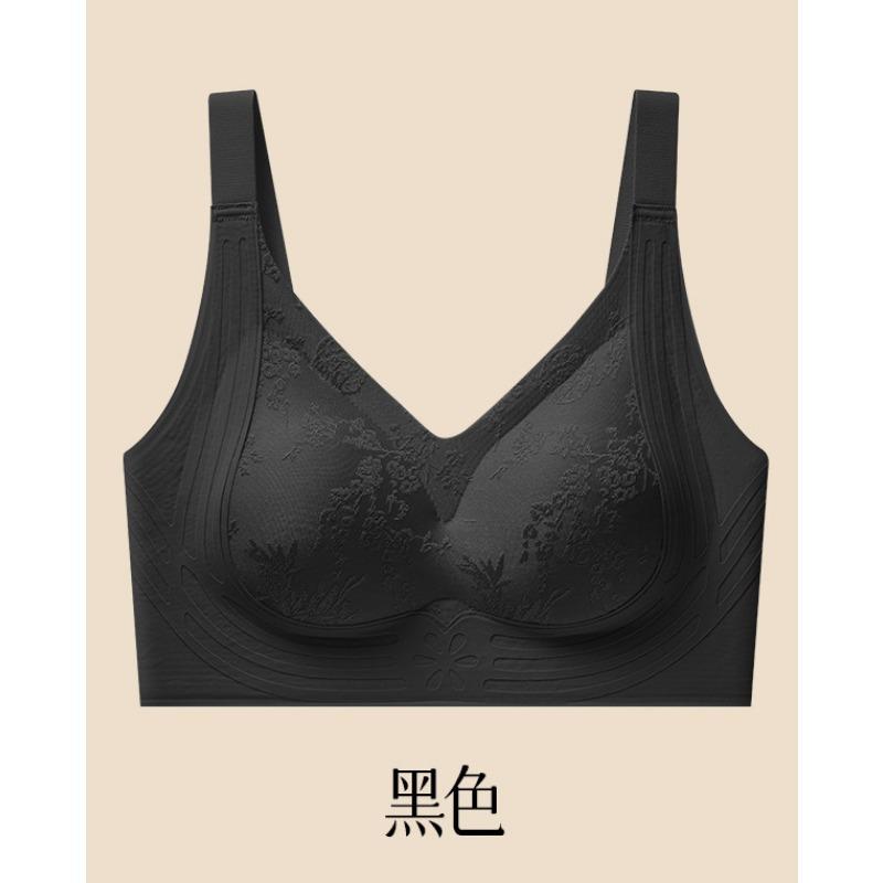 Women Chinese Style Jacquard Wireless Bra Fixed Full Cup Seamless Wide Strap Supportive Comfort Lingerie S чёрный