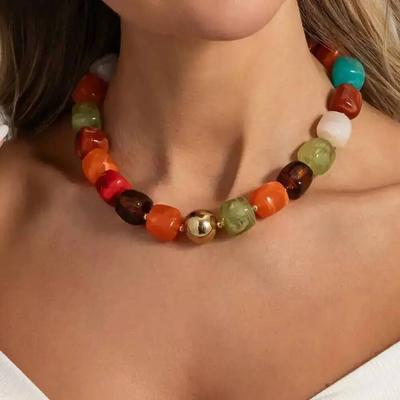 IngeSight.Z Y2K Bohemia Colorful Square Resin Beaded Necklaces Women Temperament Charm Statement Clavicle Chain Banquet Jewelry