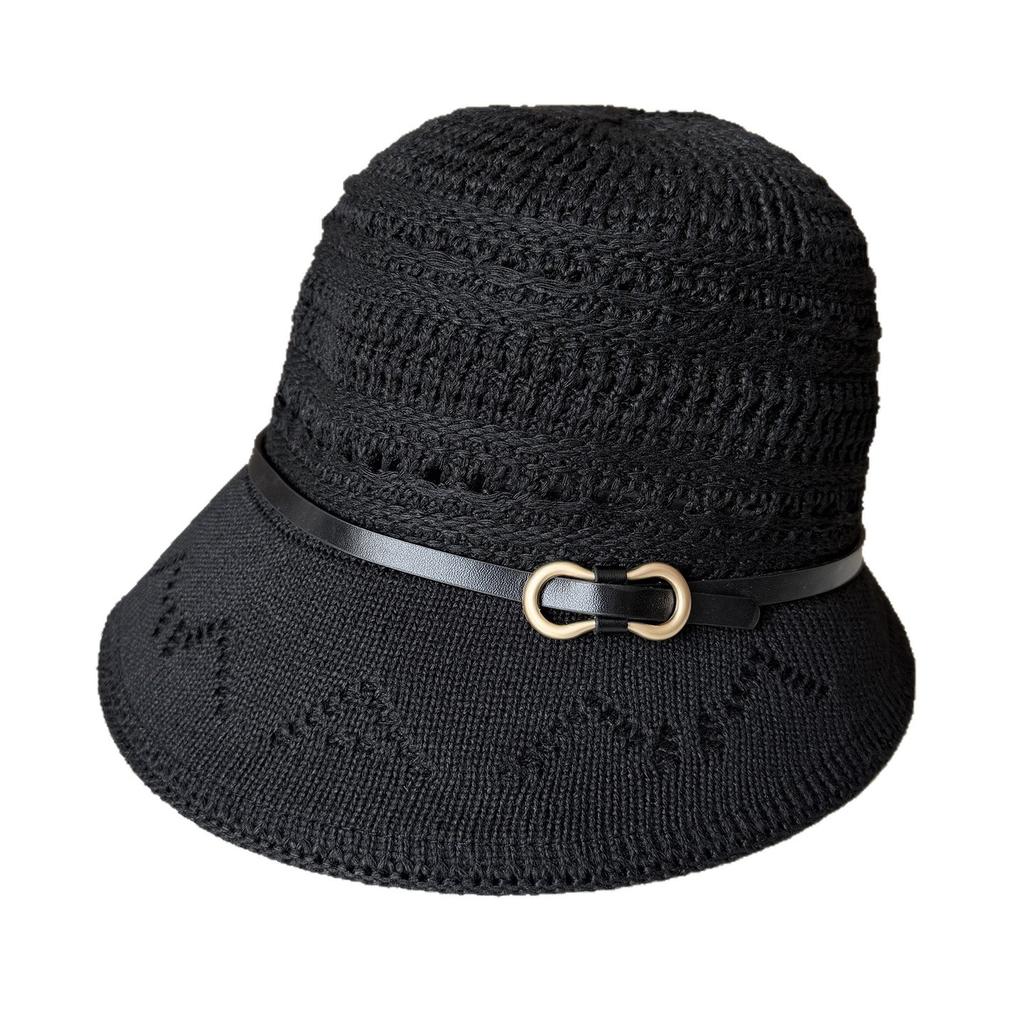 New belt buckle knitted fisherman hat women spring and summer hollow breathable leisure basin hat travel sun protection visor