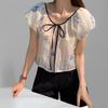 New Arrivals Open Run Women Transparent Embroidery Shirr Balloon Crop Blouse Rib