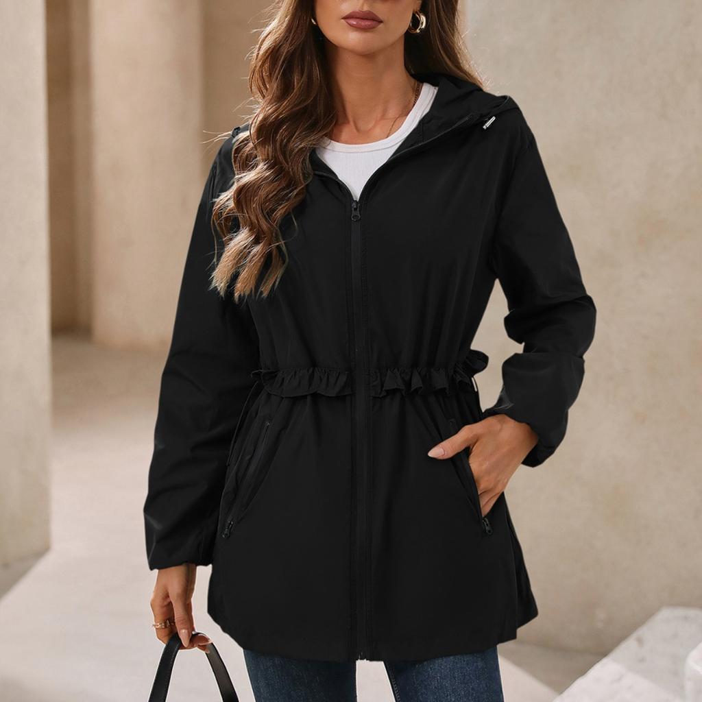 Damen Kapuzenjacke Langarm Lockerer Schnitt Kordelzug in der Taille Wasserdicht Winddicht Outdoor Wanderjacke