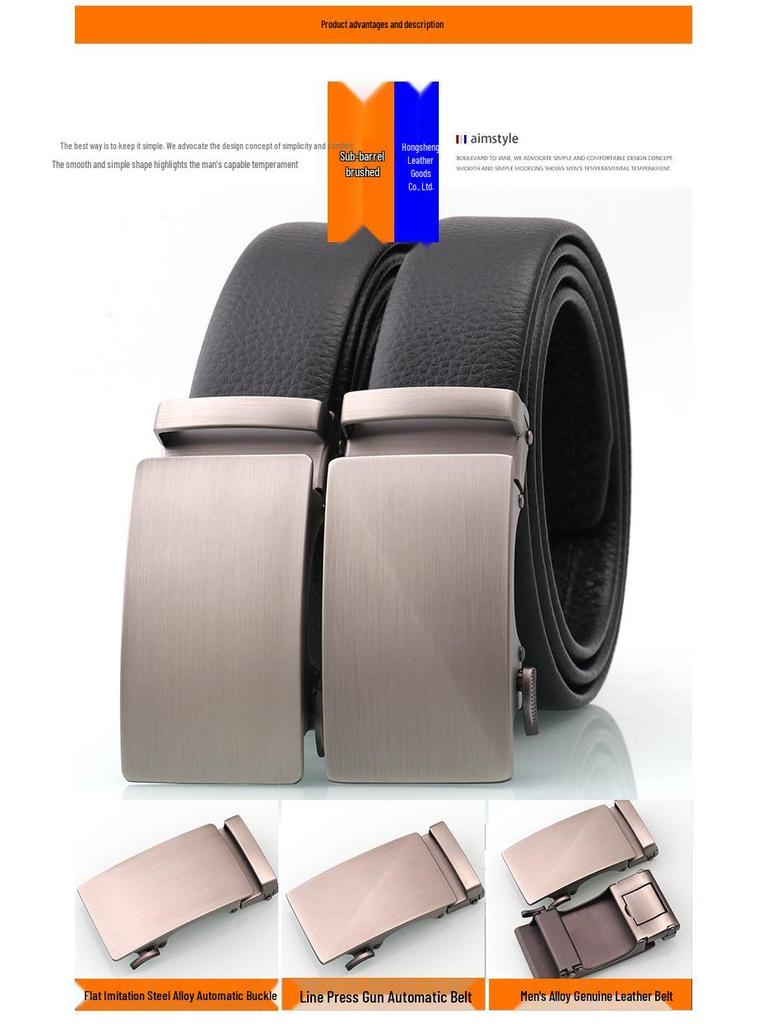Men's Genuine Leather Belt with Brushed Automatic Buckle and Customizable Laser Logo for Formal Wear