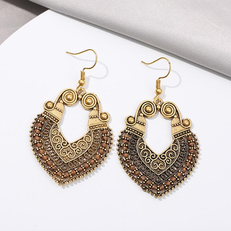 Bohemian Vintage Fashion Rope Wrap Earrings For Women Carved Hollow Geometric Drop Dangle India Earrings Boho Jewelry Wholesale