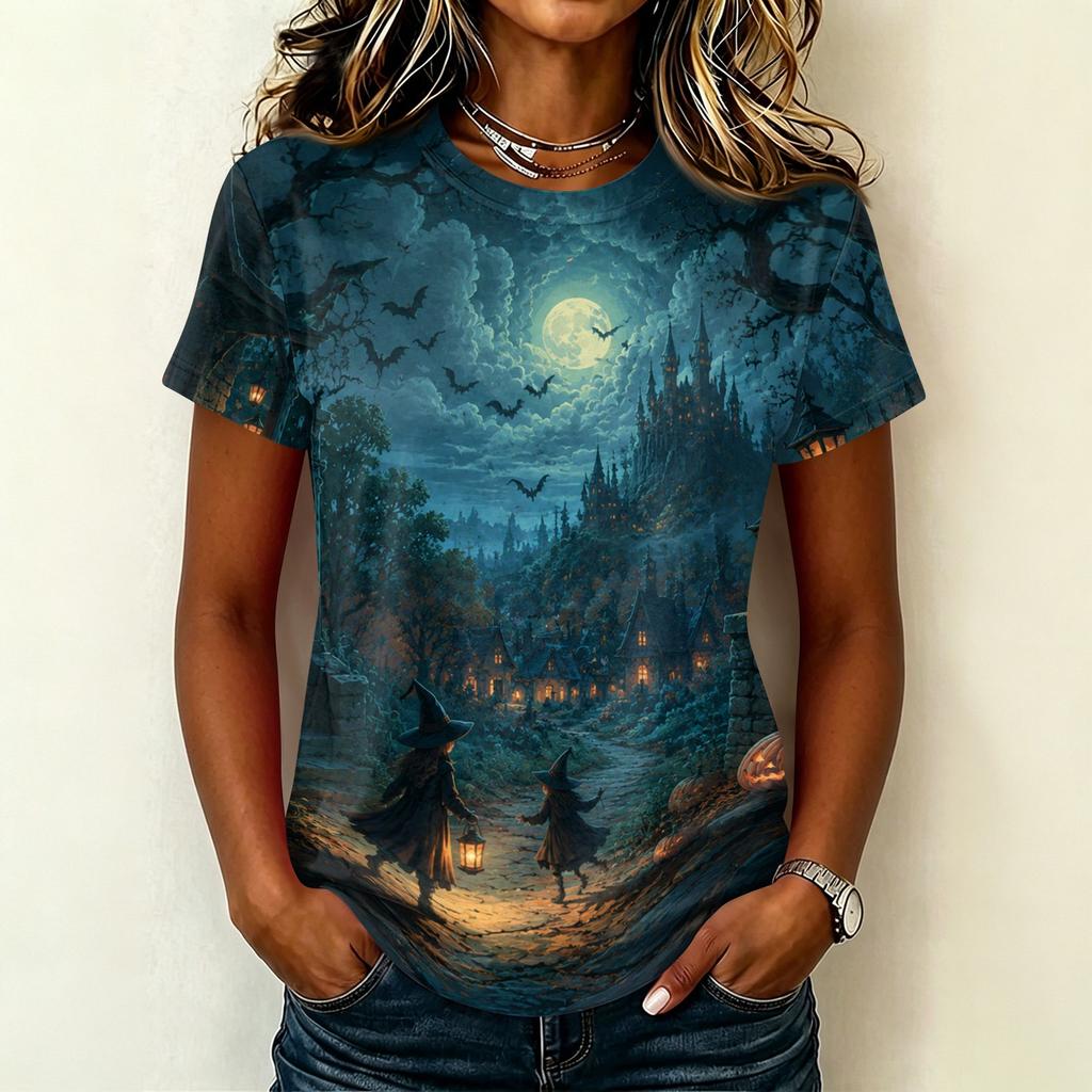 Womens Casual Pullover Short Sleeve T Shirt Halloween Graphic Print Top Lightweight Comfortable Fit
