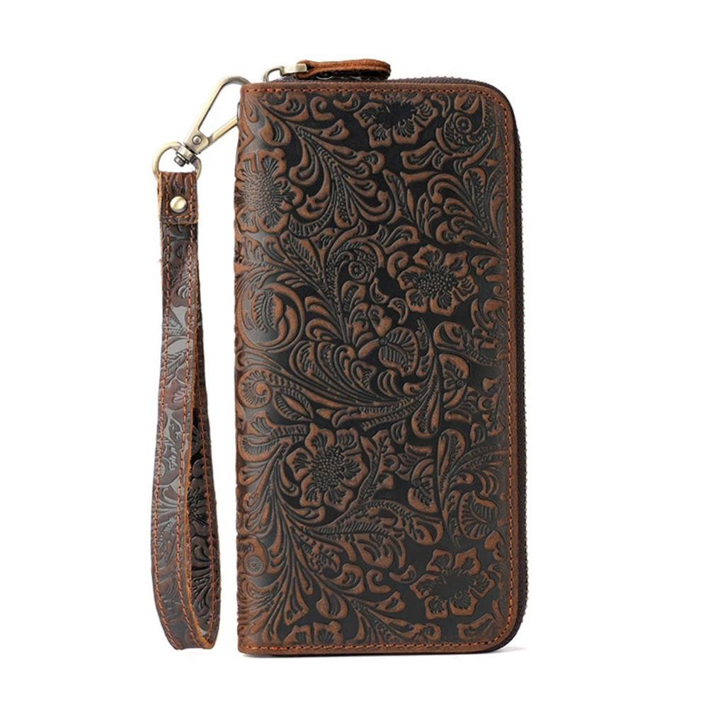 New Men's Genuine Cowhide Clutch Wallet Vintage Embossed Multi-Card Slots Wrist Strap Ready Stock Luxury Long Wallet