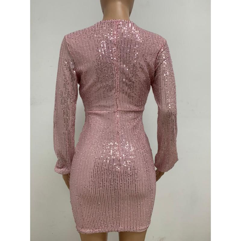 Summer Women's Dress Deep V Pleated Streamer Dress Long Sleeve Sequin Hip Wrap Dress