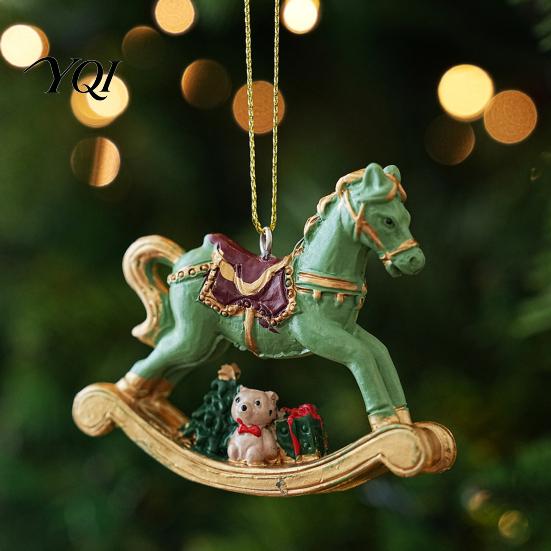 Xmas Window Wall Hangings Rocking Horse Christmas Ornament, Resin Tree Hanging Decoration with Seasonal Trims Bear Gift Box for Holiday Decor