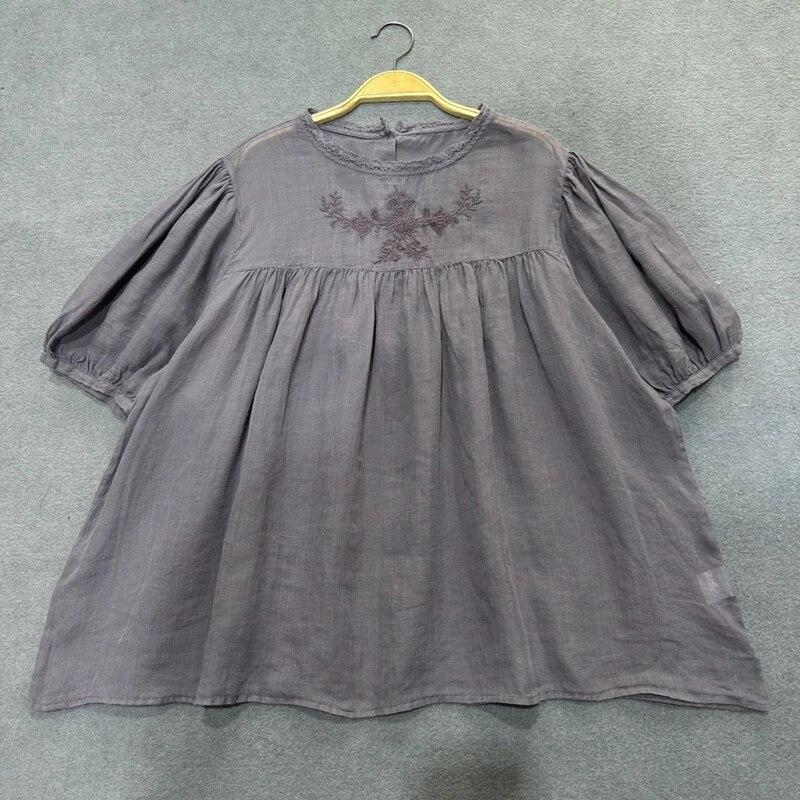 Johnature Japanische literarische bestickte Kurzarmhemd Frauen Sommer lose vielseitige Pullover Shirts