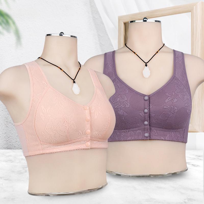 Front Button Middle-aged and Elderly Underwear for Women Large Size Without Steel Ring Wide Shoulder Strap Vest Style Jacquard Bra