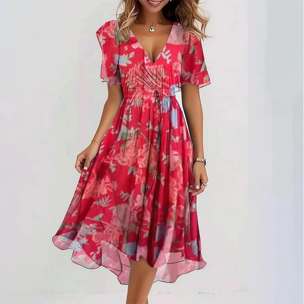 Rochie Maxi A-Line de Damă cu Gât Rotund, Mânecă Scurtă, Imprimeu 3D și Finisaj Spălat cu Nisip