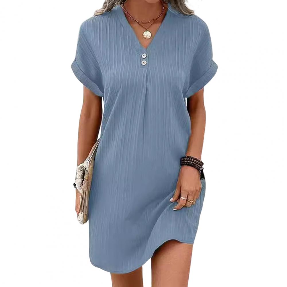 Summer Women Dress V-Neckline Button Short Sleeves Comfortable Fit Single Color Pullover Leisure Daily Wear Dating Mini Dress