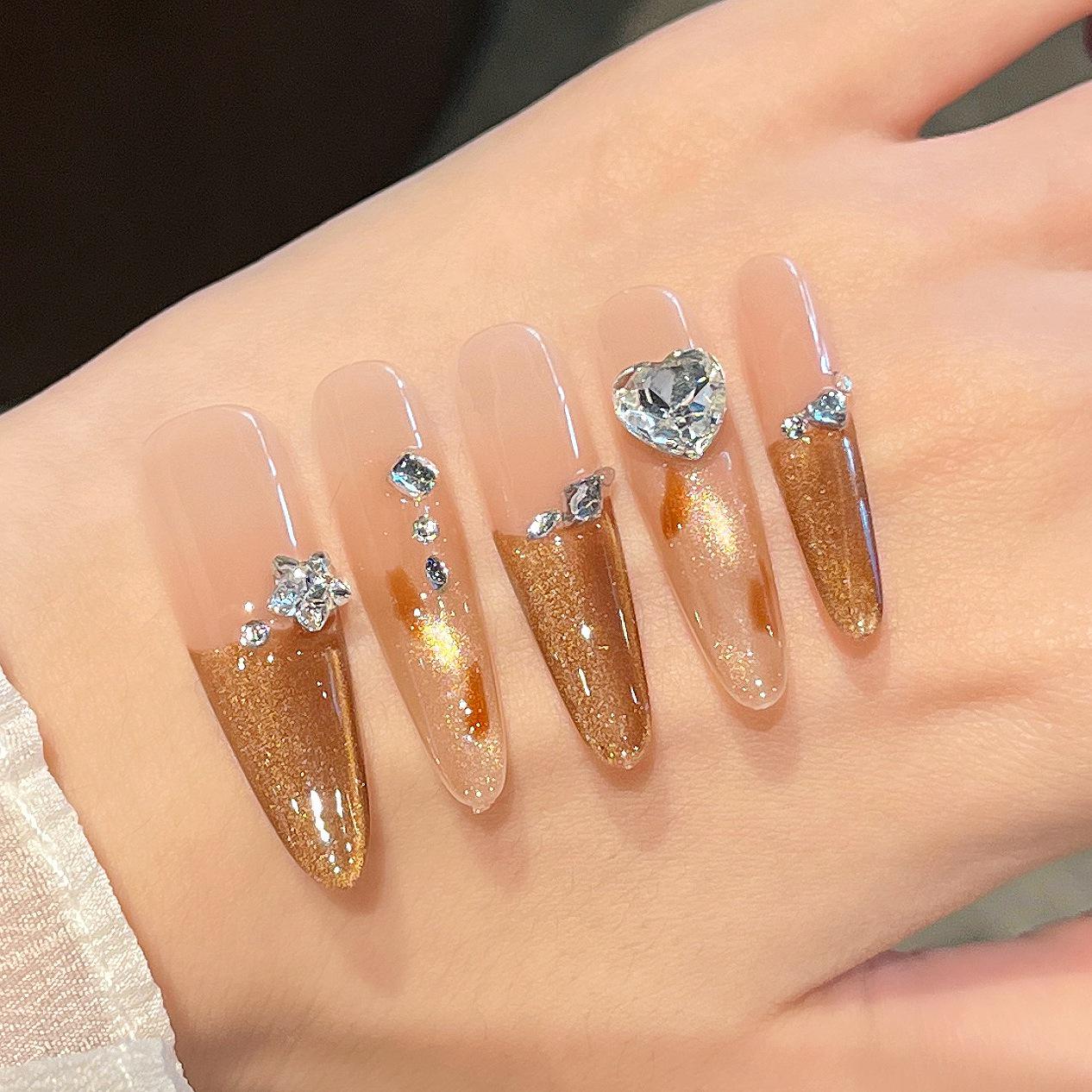 2026 Handmade Greyhound Cat Eye Diamond Press-on Nails - Long Detachable Manicure Tips Bagged XS