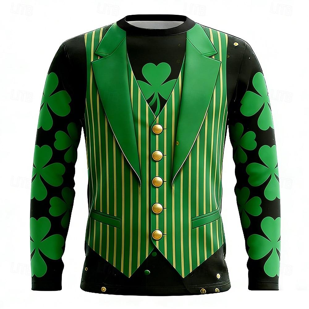 St Patricks Day Graphic T Shirts Men Long Sleeve T Shirt Gold Horseshoe Shamrock Faux Tuxedo Funny Green Tee Pullovers Clothing